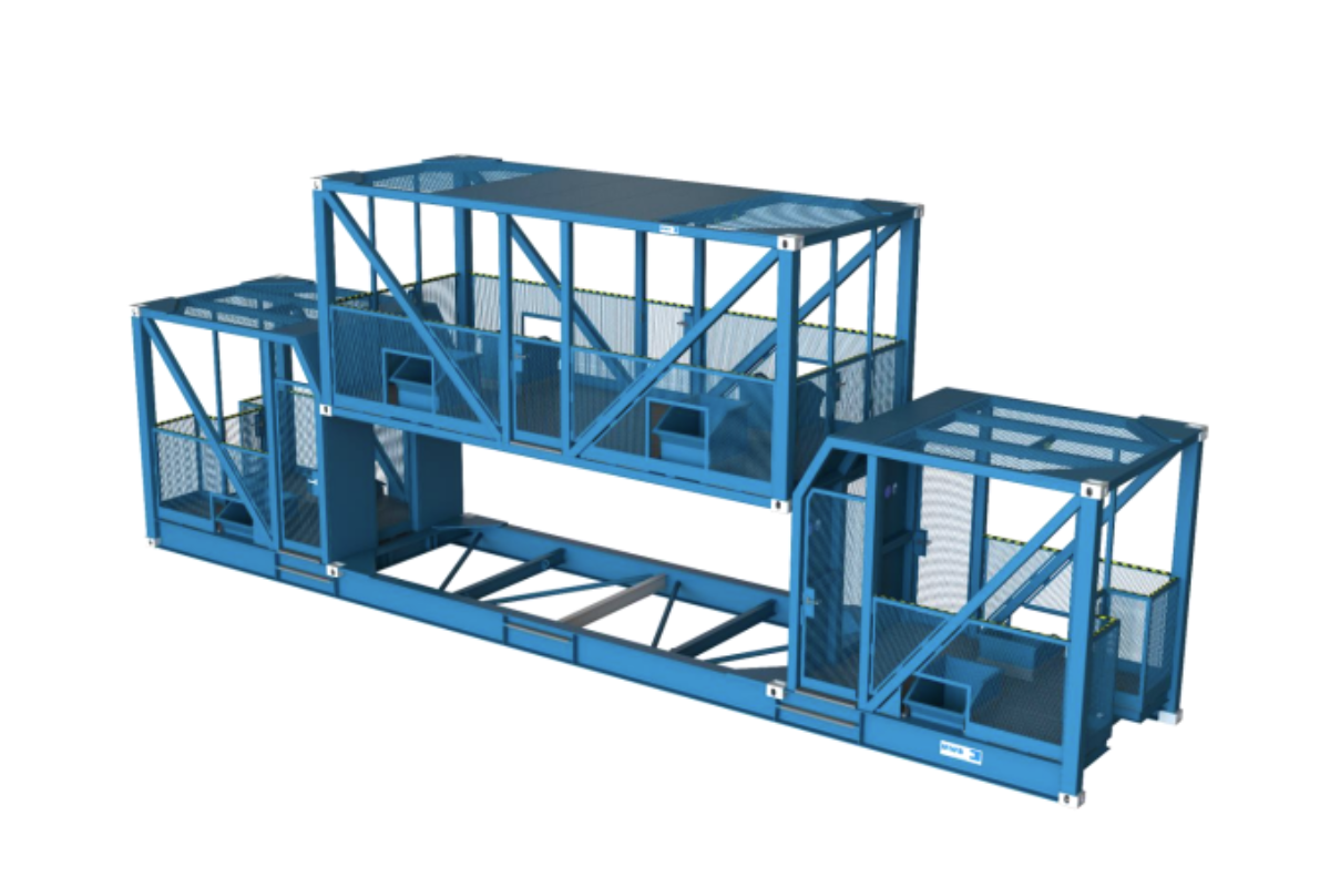 Modular personnel cage with 20- and 40-foot units for lashing work