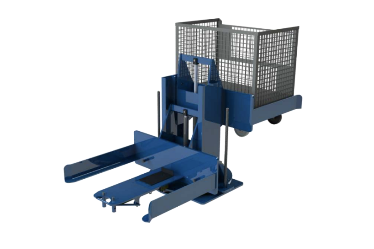 Lift-rotate unit raises a trolley to working height and turns it into position