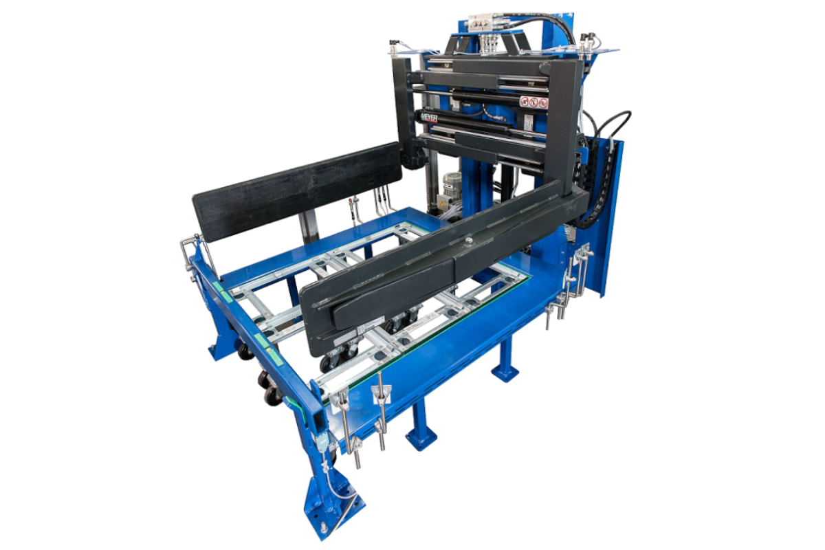 Automated KLT transfer unit moving stacked bins from pallet to trolley