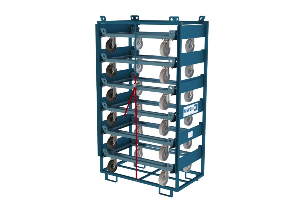 Trolley rack with several stacked trolleys used with a pallet truck