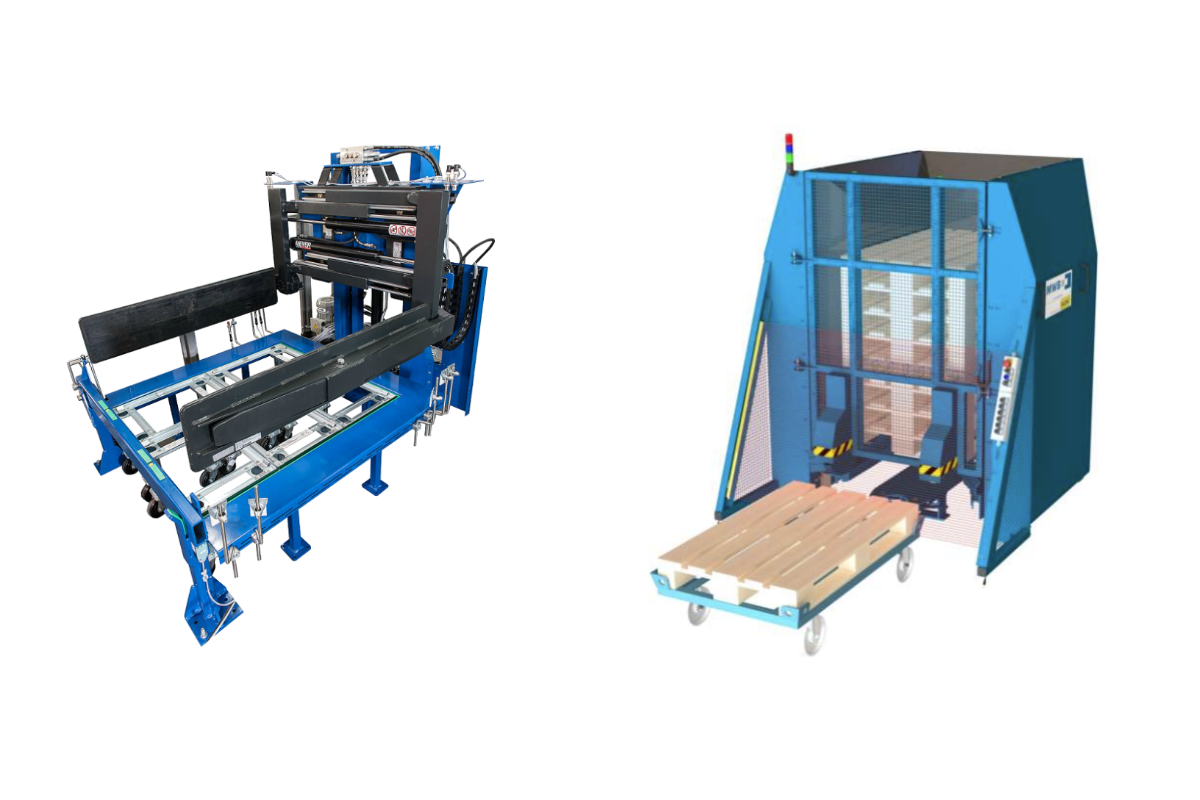 Automated loading and unloading of trolleys with pallet magazine, KLT transfer unit, and conveyor technology