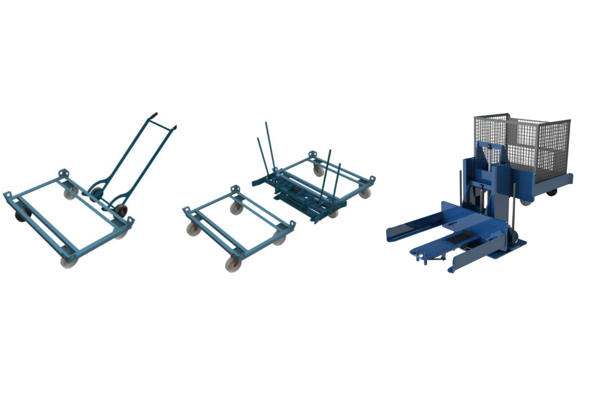 Move trolleys ergonomically with trolley handling device, rotating stand, and lifting-rotating unit