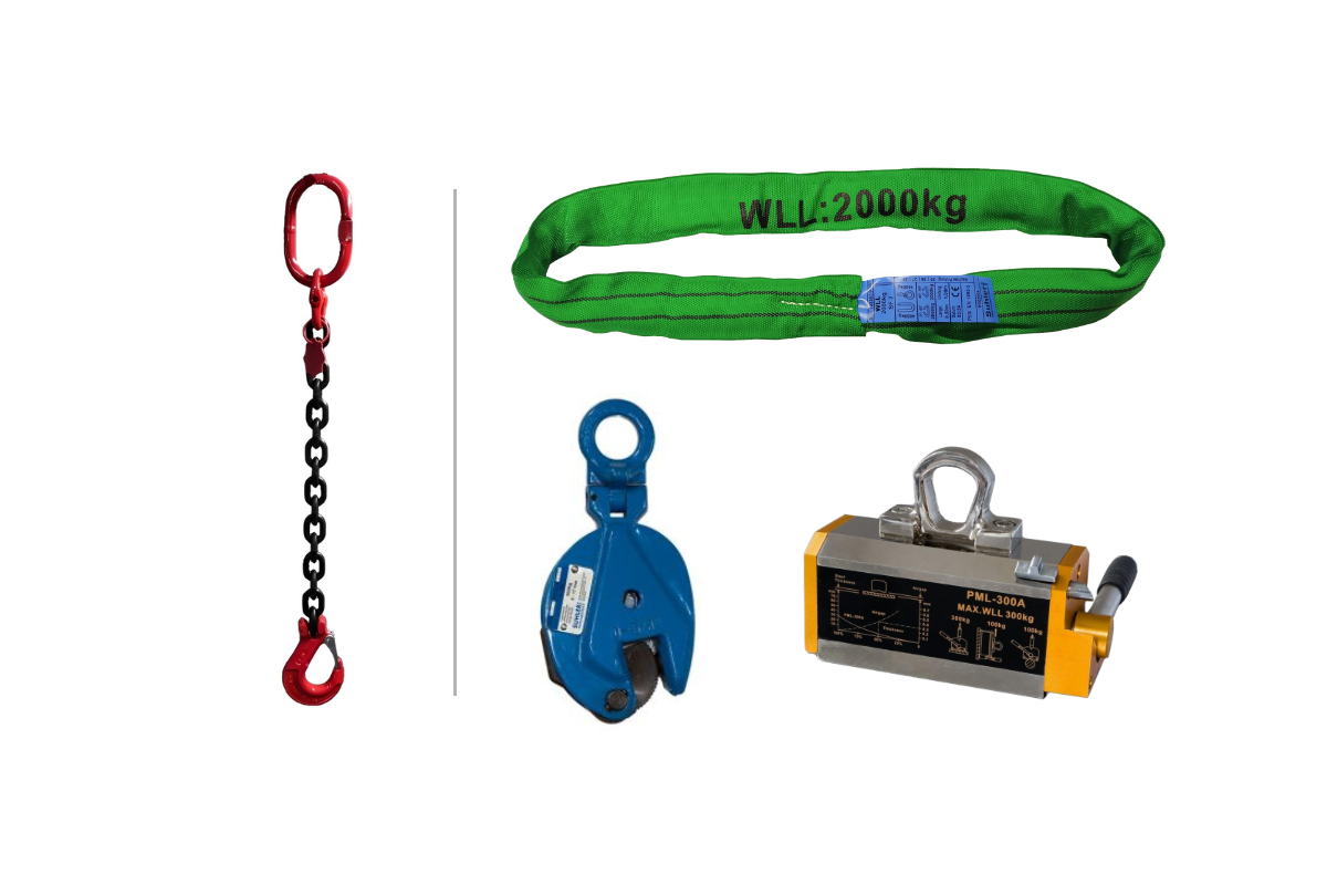 Rigging such as round slings or shackles